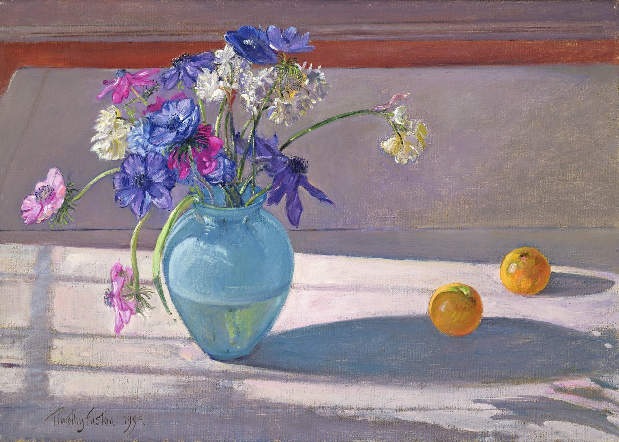 Anemoner og en blå glasvase, 1994 af Timothy Easton