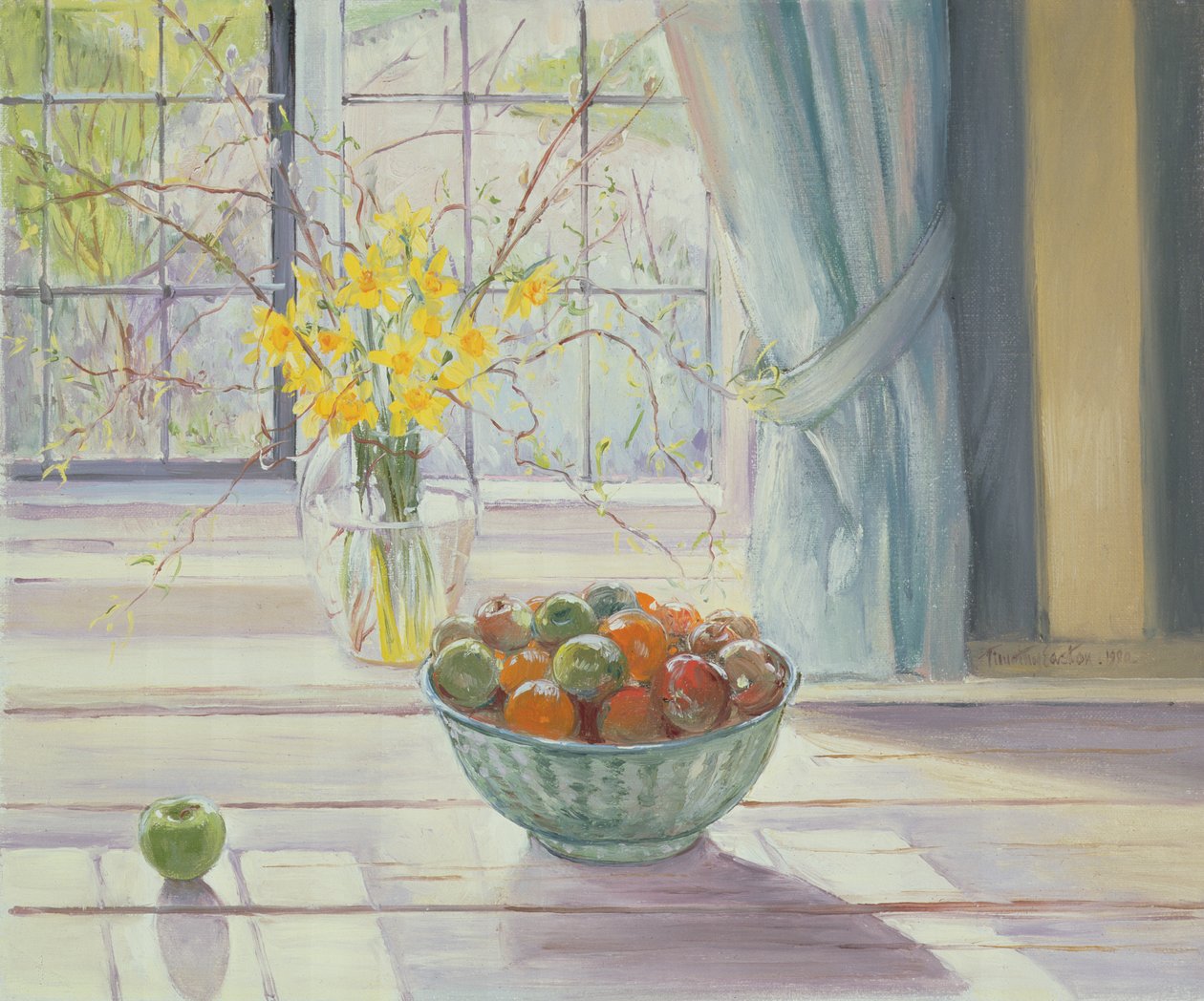 Frugtskål med forårsblomster, 1990 af Timothy Easton