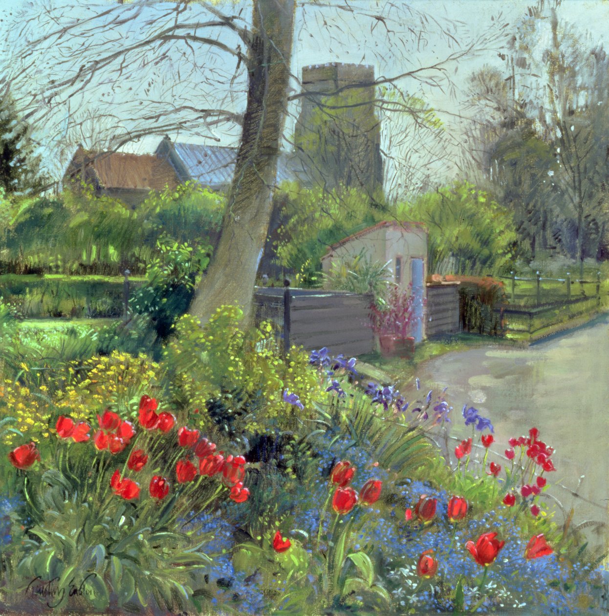 Red Tulips and Bedfield Church (olie på lærred) af Timothy Easton
