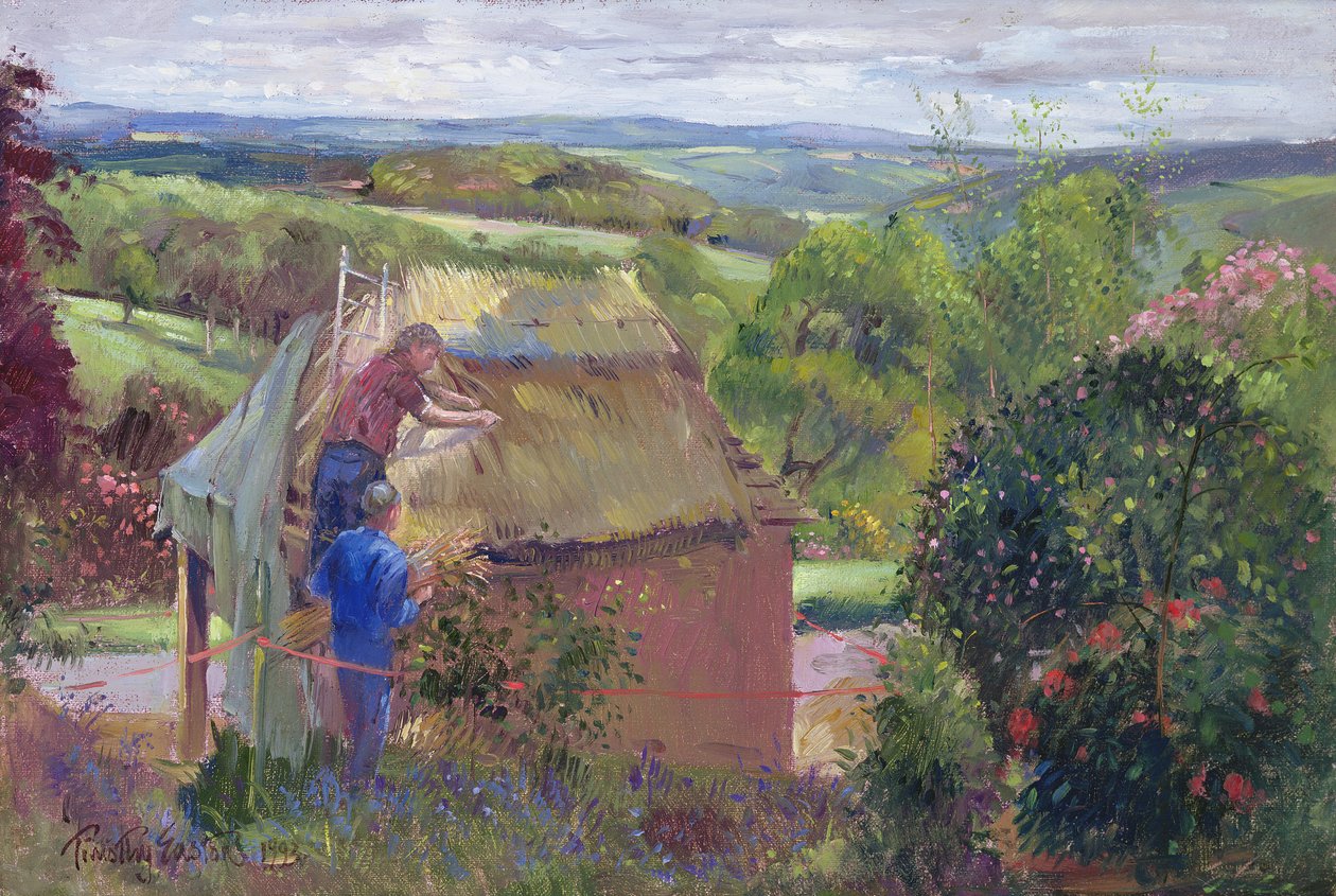 Thatching the Summer House, Lanhydrock House, Cornwall, 1993 af Timothy Easton
