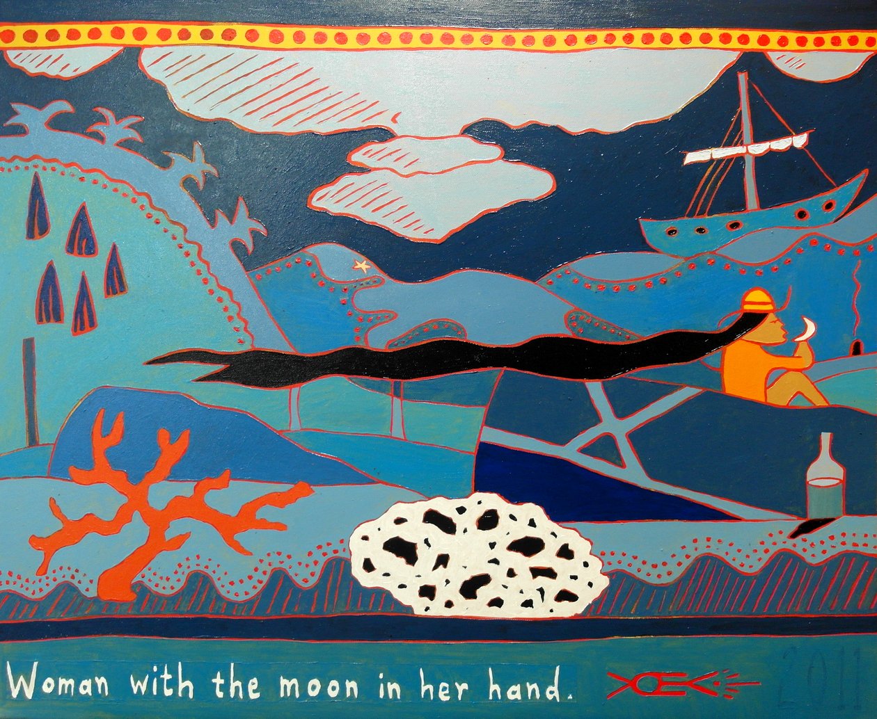 Kvinde med månen i hånden, 2011, olie på lærred af Timothy Nathan Joel