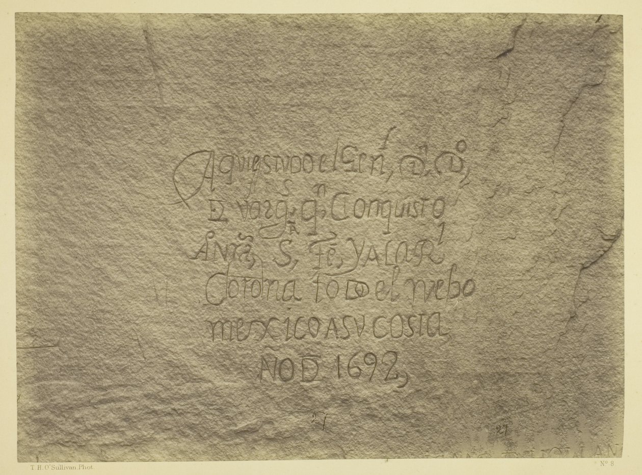 Historisk spansk optegnelse over erobringen, sydsiden af Inscription Rock, N.M. Geografiske og geologiske udforskninger og undersøgelser vest for den 100. meridian. Ekspeditionen i 1873. -Løjtnant Geo. M. Wheeler, ingeniørkorpset, leder. af Timothy O