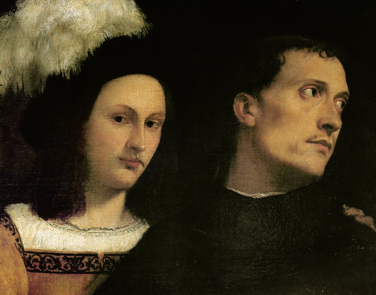 En koncert (detalje af hovedet af spinetspilleren og en ung væbner med en fjerhat), ca. 1510 af Tiziano Vecelli