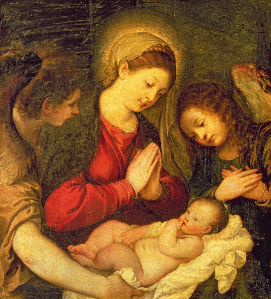 Madonna og barn med to engle af Tiziano Vecelli
