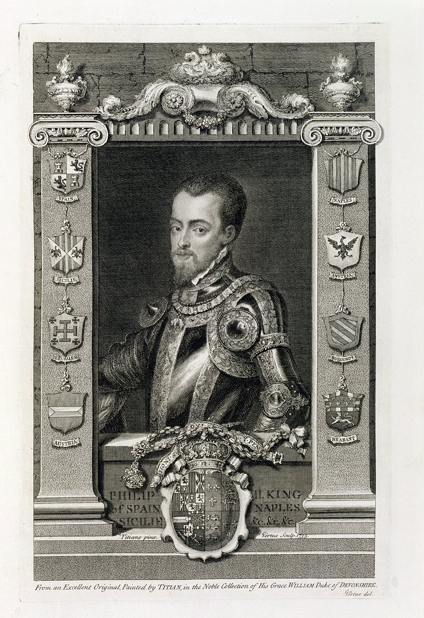 Philip II (1527-98) konge af Spanien fra 1556, indgraveret af George Vertue (1684-1756) 1735 af Tiziano Vecelli