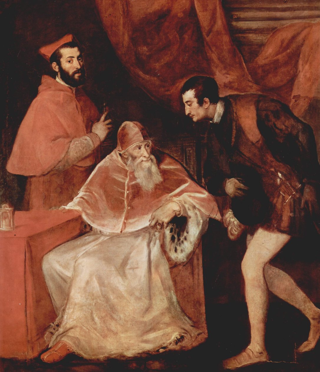 Portræt af pave Paul III med kardinal Alessandro Farnese og hertug Ottavio Farnese af Tiziano Vecelli