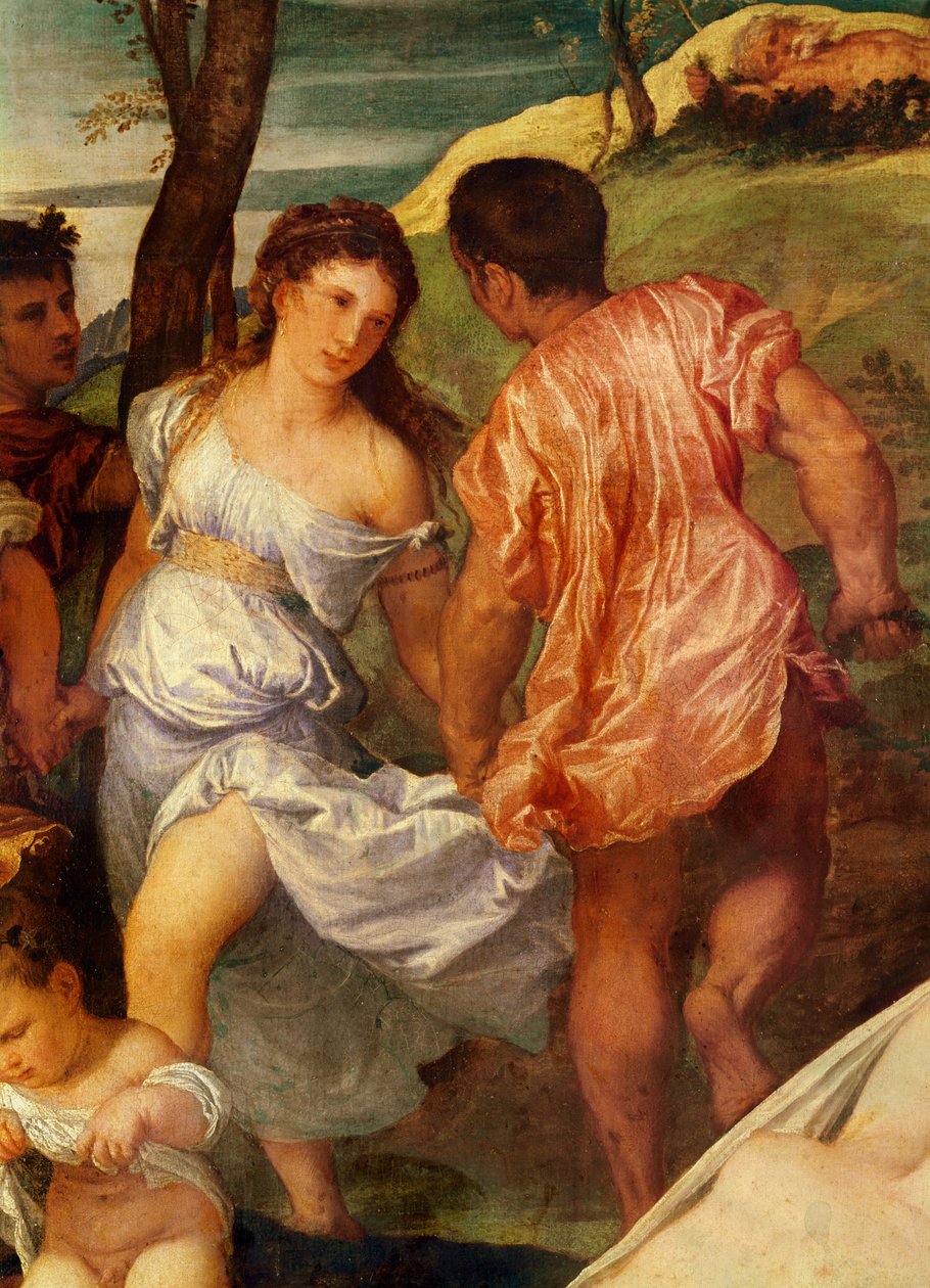 The Bacchanal, detalje af to figurer bag Ariane. c.1518 olie på lærred af Tiziano Vecelli