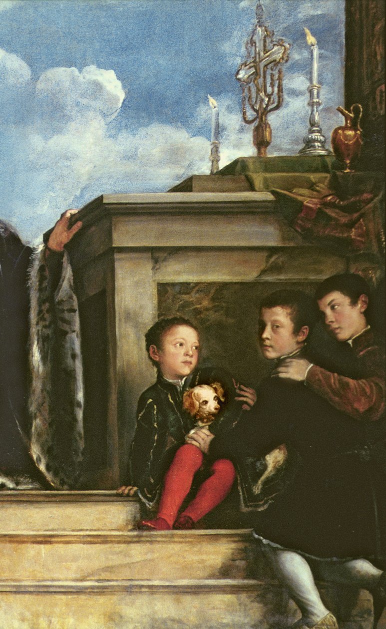 Vendramin-familien, 1543-47 olie på lærred detalje fra 146860 af Tiziano Vecelli