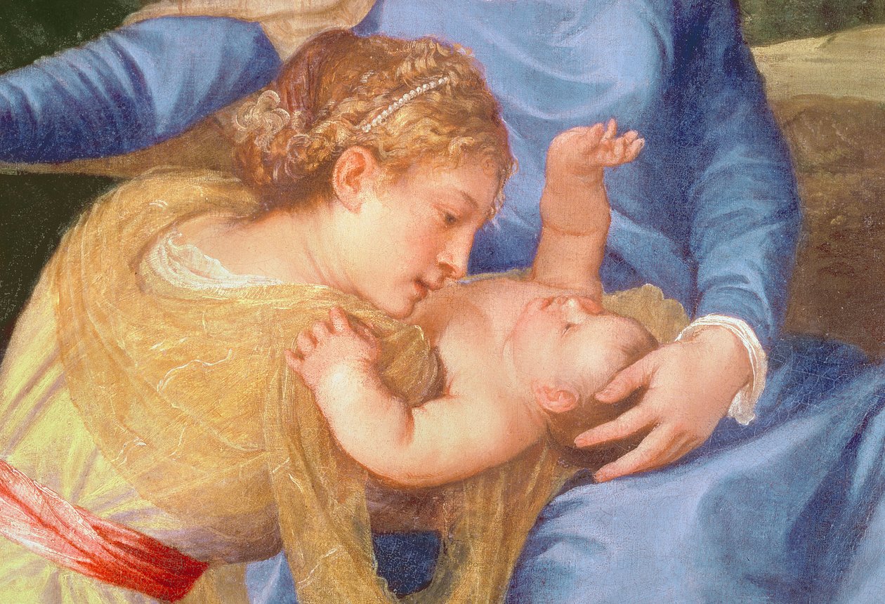 Jomfruen og barnet med St. Johannes Døberen og en kvindelig helgen, detalje af Jomfruen, Kristusbarnet og kvindelig helgen, ca. 1530-35 olie på lærred af Tiziano Vecelli