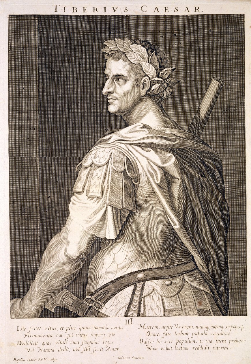 Tiberius Cæsar (10 f.Kr. - 54 e.Kr.) Kejser af Rom 14-37 e.Kr. indgraveret af Aegidius Sadeler (1570-1629) af Tiziano Vecelli