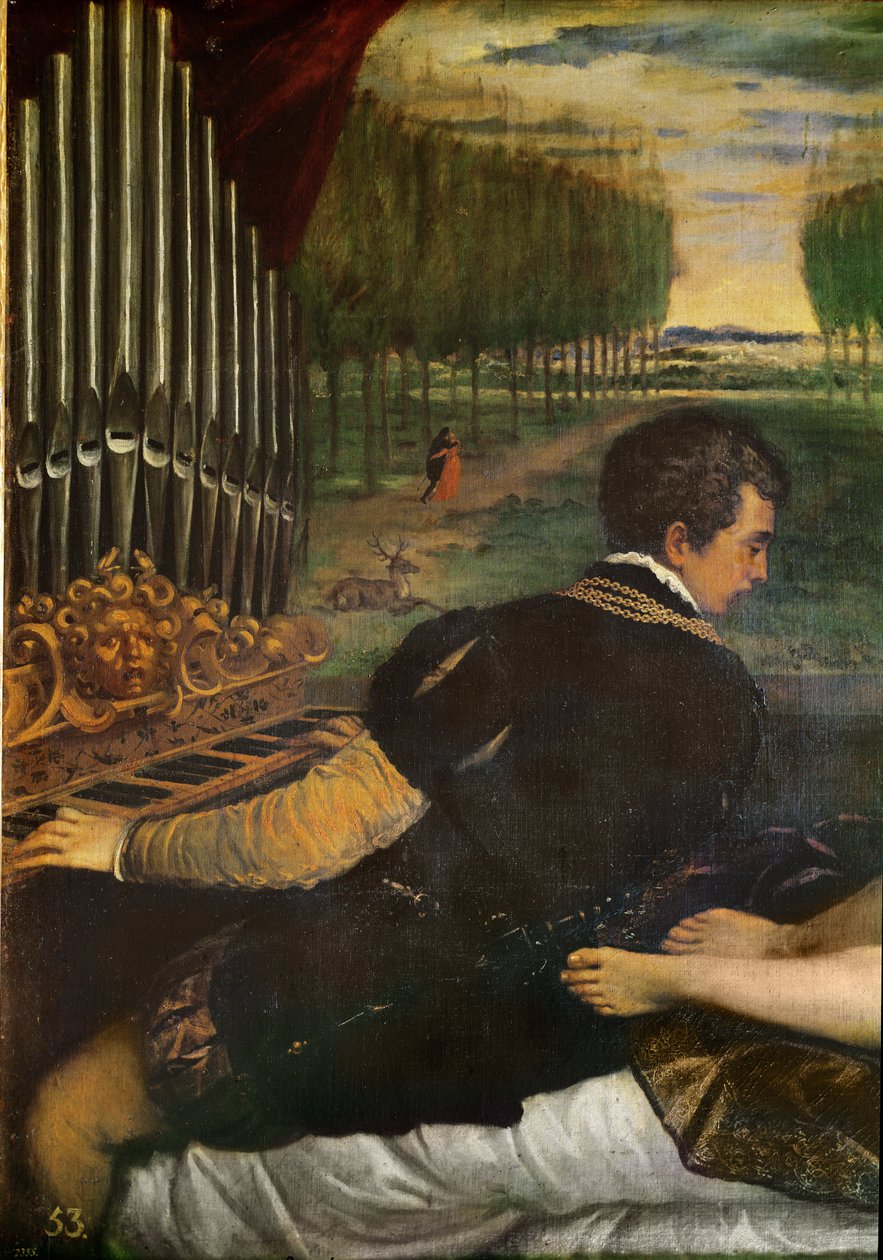 Venus med en organist og amor eller Ottavio Farn ese, organiste og hans elskerinde (detalje af organisten), ca. 1540-50 af Tiziano Vecelli