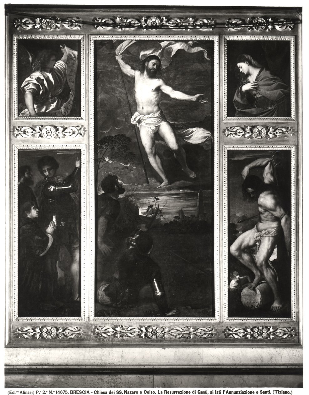 Averoldi Polyptykon, der skildrer Kristi opstandelse, bebudelsen, SS Nazarius og Celsus med Averoldi og Sebastians martyrium, 1522 af Tiziano Vecelli