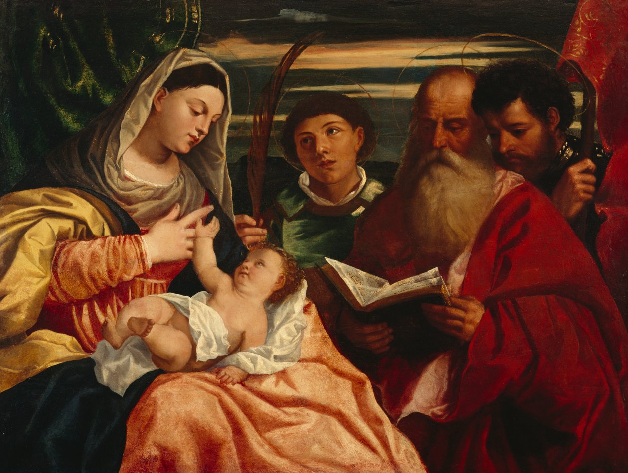 Madonna og barn med de hellige Stephen, Jerome og Maurice (olie på lærred) af Titian (c.1488 1576) (after)