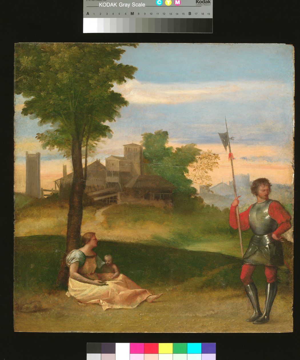 En idyl: A Mother and a Halberdier in a Wooded Landscape, ca. 1505-10 (olie på panel) af Titian (c.1488 1576) (attr. to)