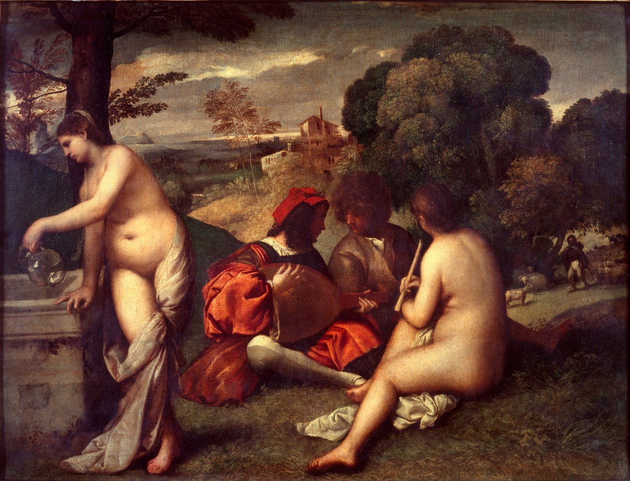 Pastoralkoncerten, c 1509 (olie på lærred) af Titian (c.1488 1576) (attr. to)