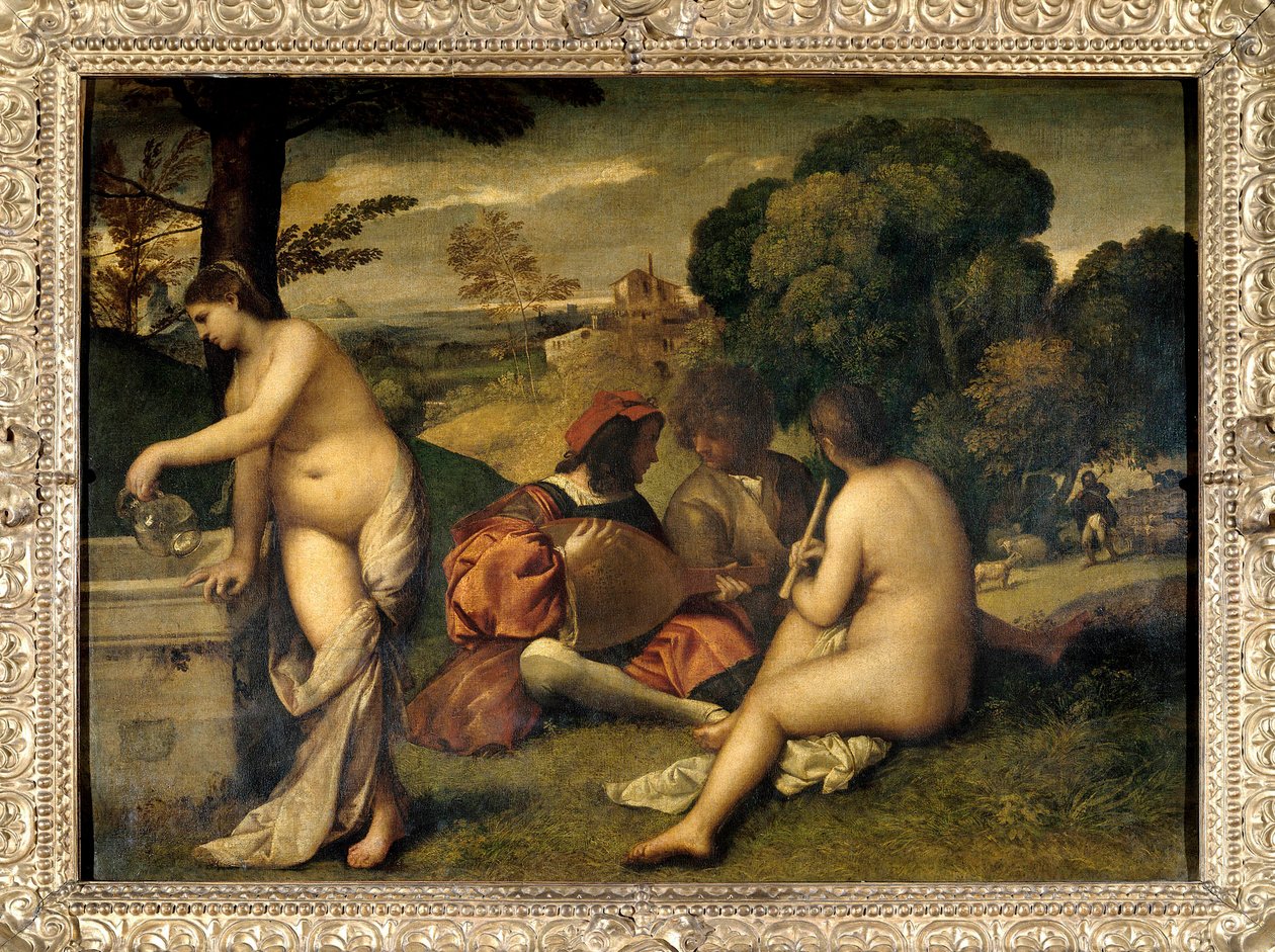 Bandkoncerten Musikere på græsset, de to kvinder er nøgne, en af dem fyldte sin kande med vand i et springvand. Maleri tilskrevet Tiziano Vecellio dit le Titian (1485-1576) eller Giorgio da Castelfranco dit Giorgione (1476/1478-1510) Søn. 1,05 X 1 af Titian (c.1488 1576) (attr. to)