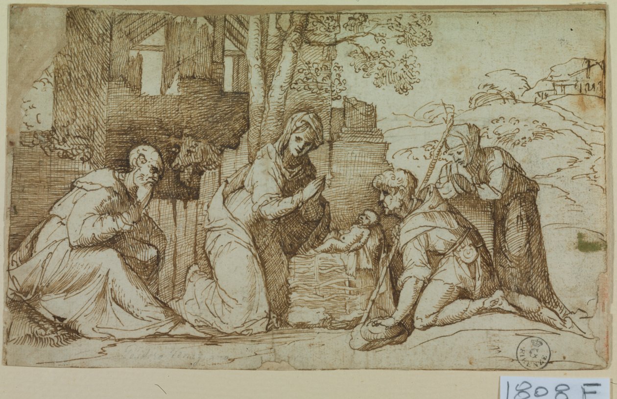 Hyrdernes tilbedelse (pen  blæk på papir) af Titian (c.1488 1576)
