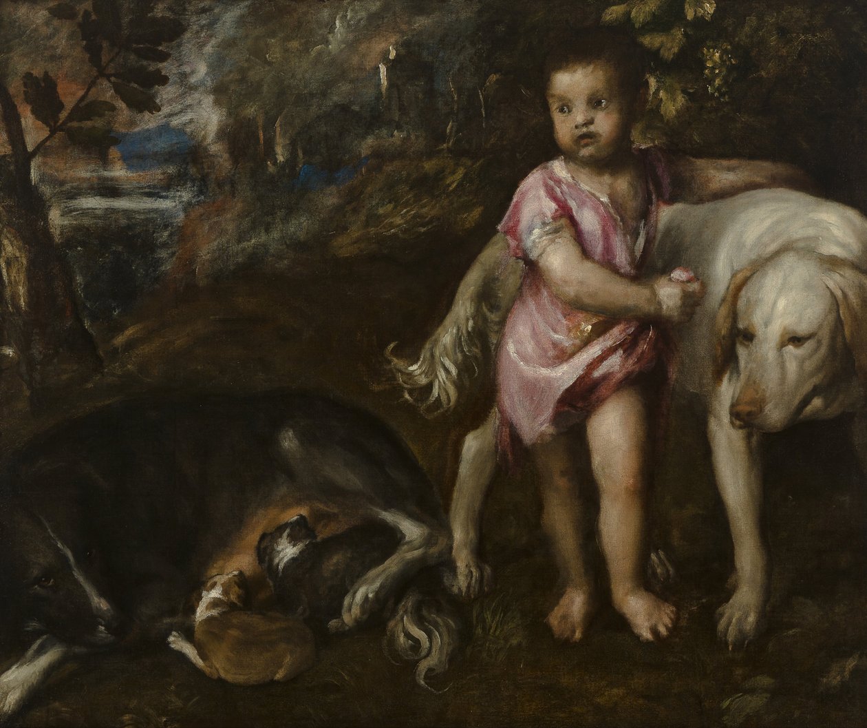 Dreng med hunde i et landskab af Titian (c.1488 1576)