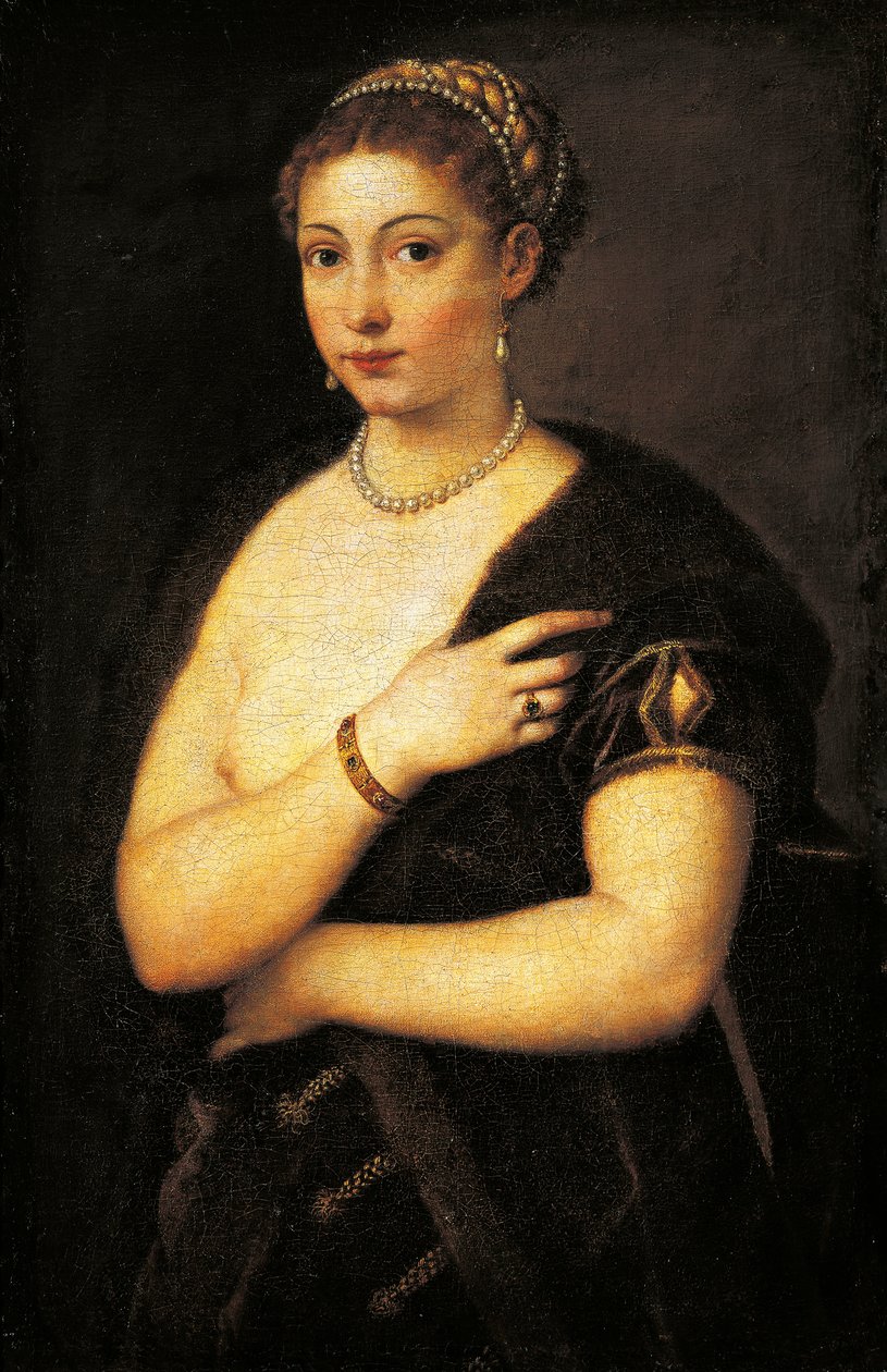Pige i pels, af Titian (ca 1490-1576), olie på lærred 95x63 cm af Titian (c.1488 1576)