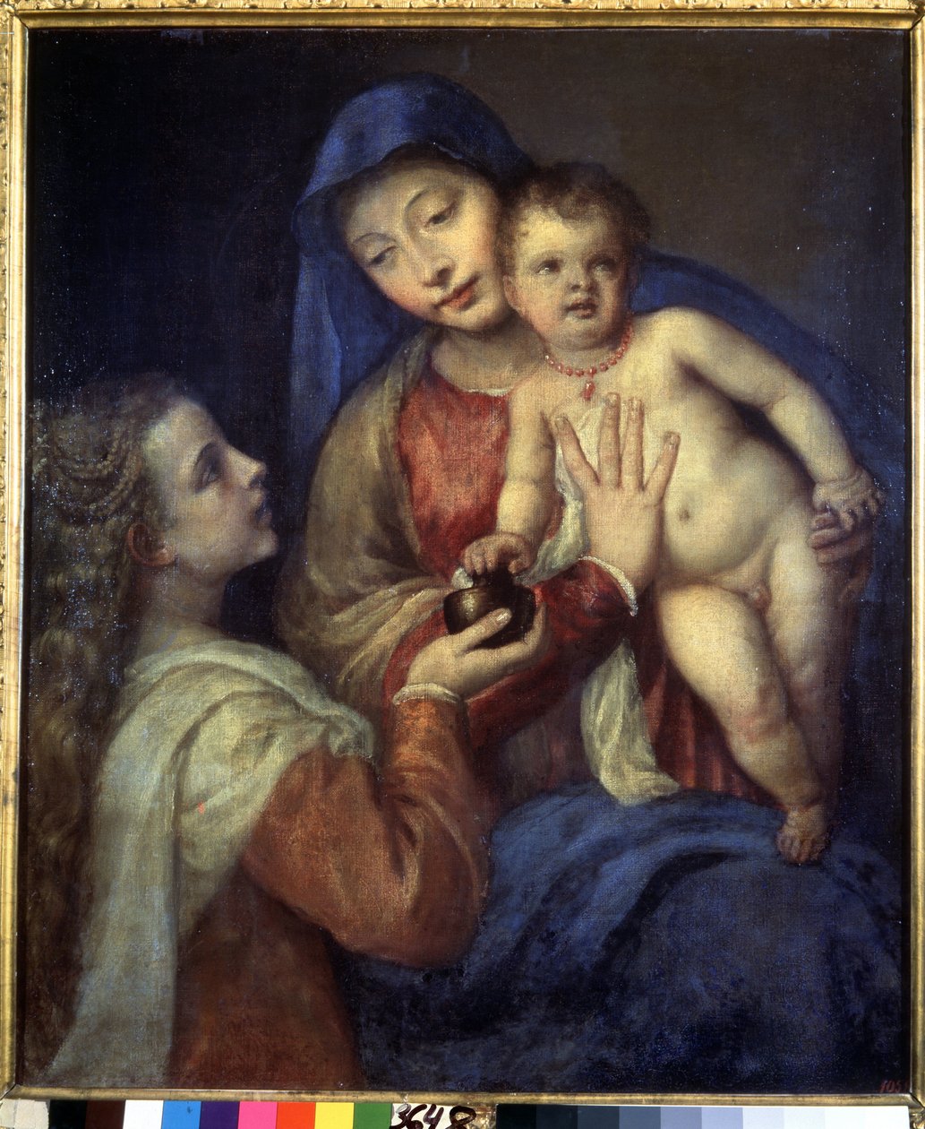 Madonna og barn med Maria Magdalena. Maleri af Titian (Tiziano Vecellio eller Vecelli eller Tiziano da Cador af Titian (c.1488 1576)