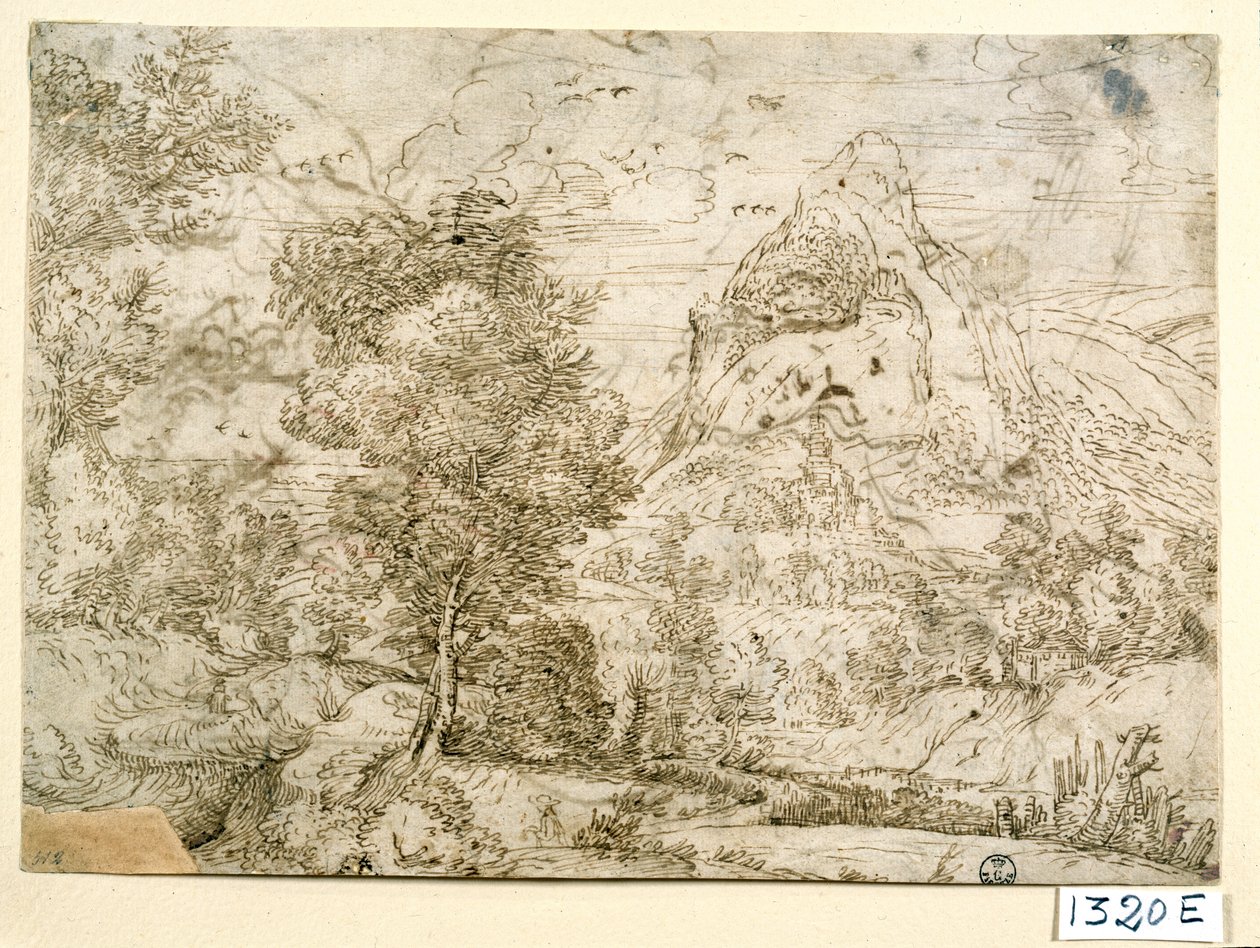 Landskab med fugle i flugt (blæk på papir) af Titian (c.1488 1576)