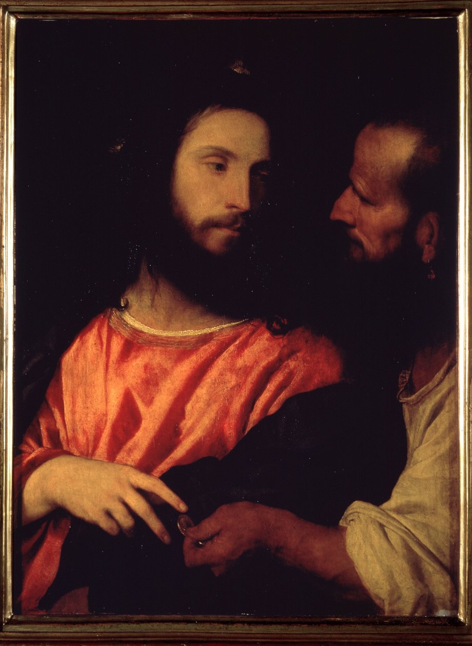 Hyldestpengene. Peter bringer en mønt tilbage fra en fisk, som han afleverer til Jesus for at betale skatteopkræveren ved indgangen til byen Kapernaum (Capharnaum eller Kefar Nahum) Maleri af T af Titian (c.1488 1576)