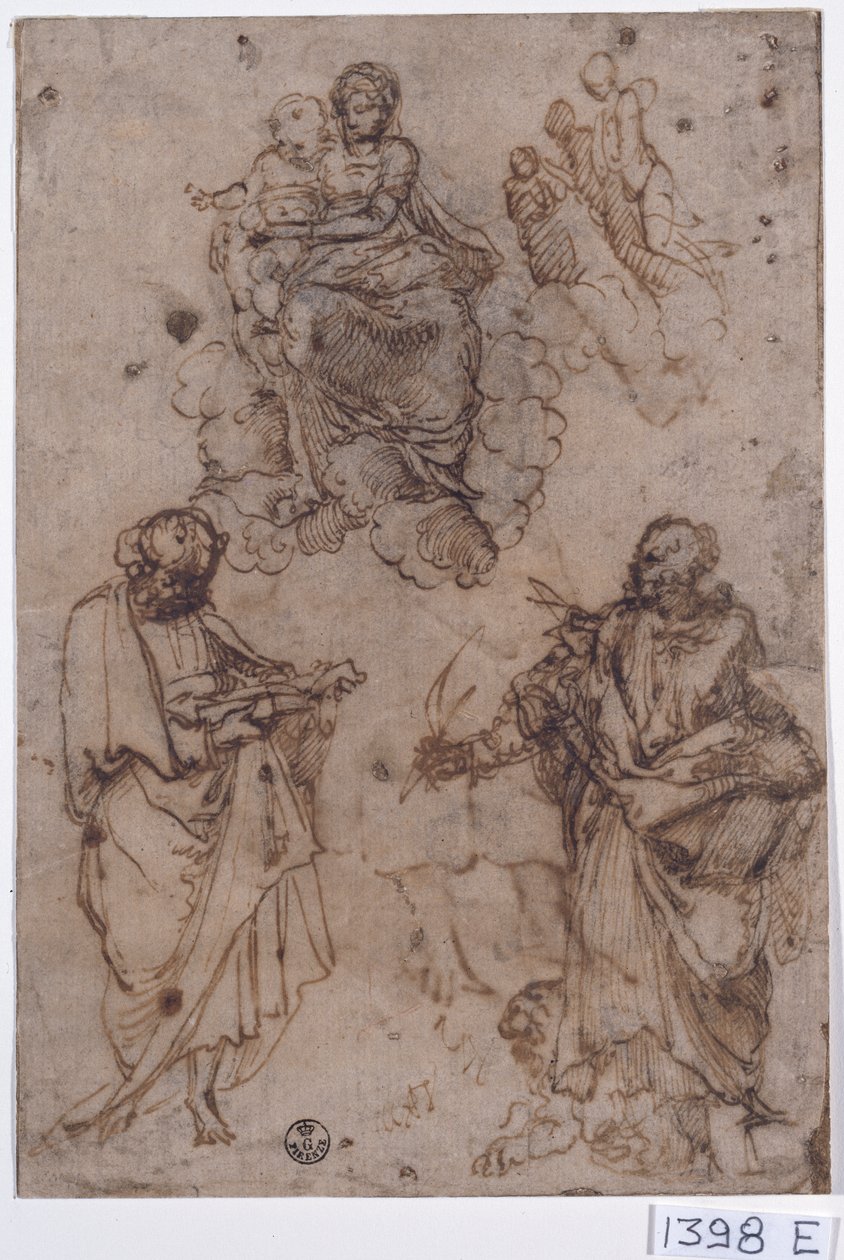 Madonna og barnet siddende på skyer med helgener eller apostle (pen  blæk på papir) af Titian (c.1488 1576)