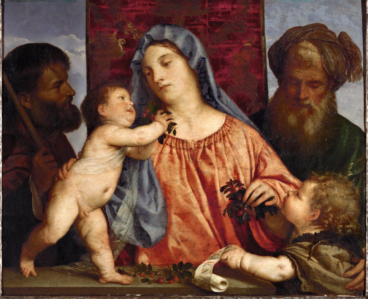 Madonna med kirsebær ... (olie på lærred) af Titian (c.1488 1576)