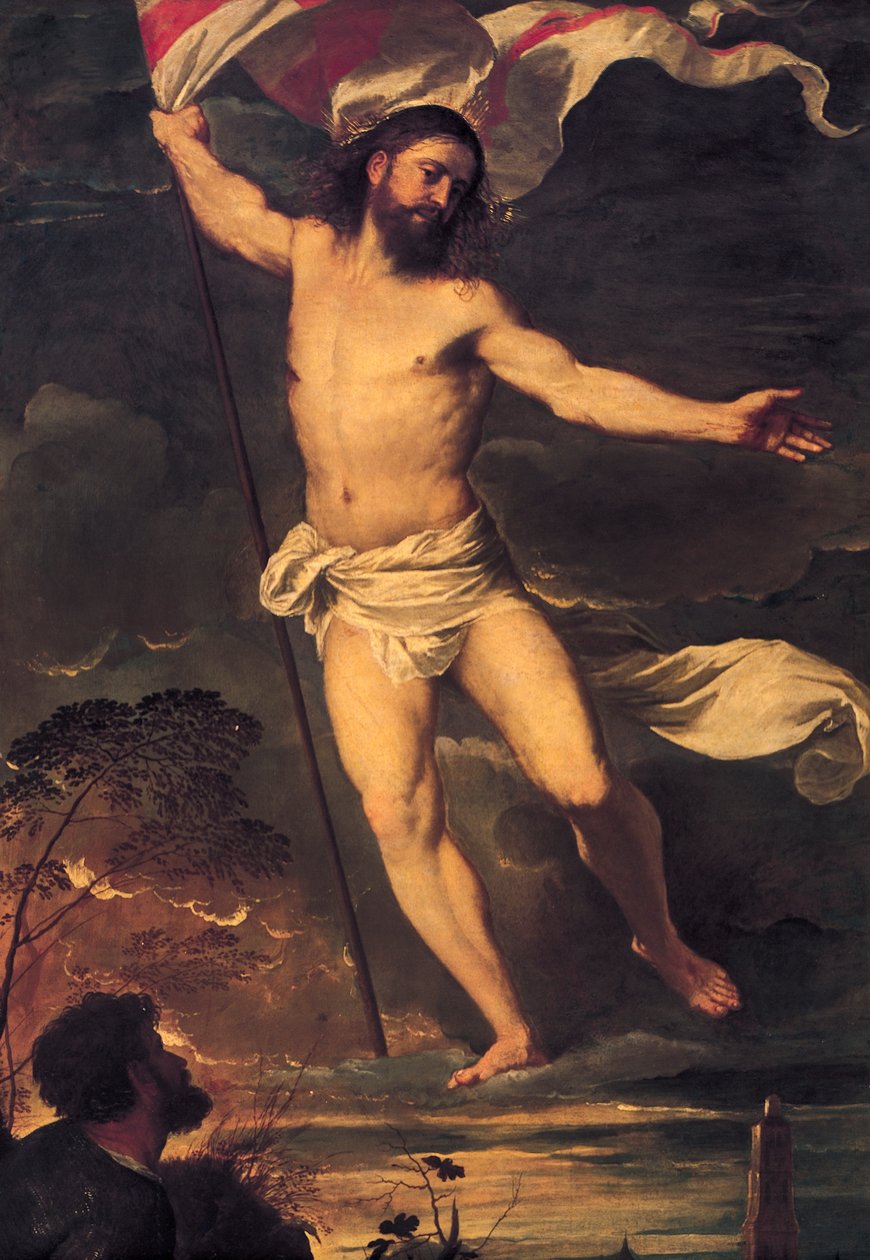 Kristi opstandelse, detalje fra centralpanelet på Averoldi-altertavlen, af Tiziano Vecellio (1488-1576), olie på lærred, 278x292 cm, Collegiate Church of Saints Nazario and Celso, Brescia af Titian (c.1488 1576)