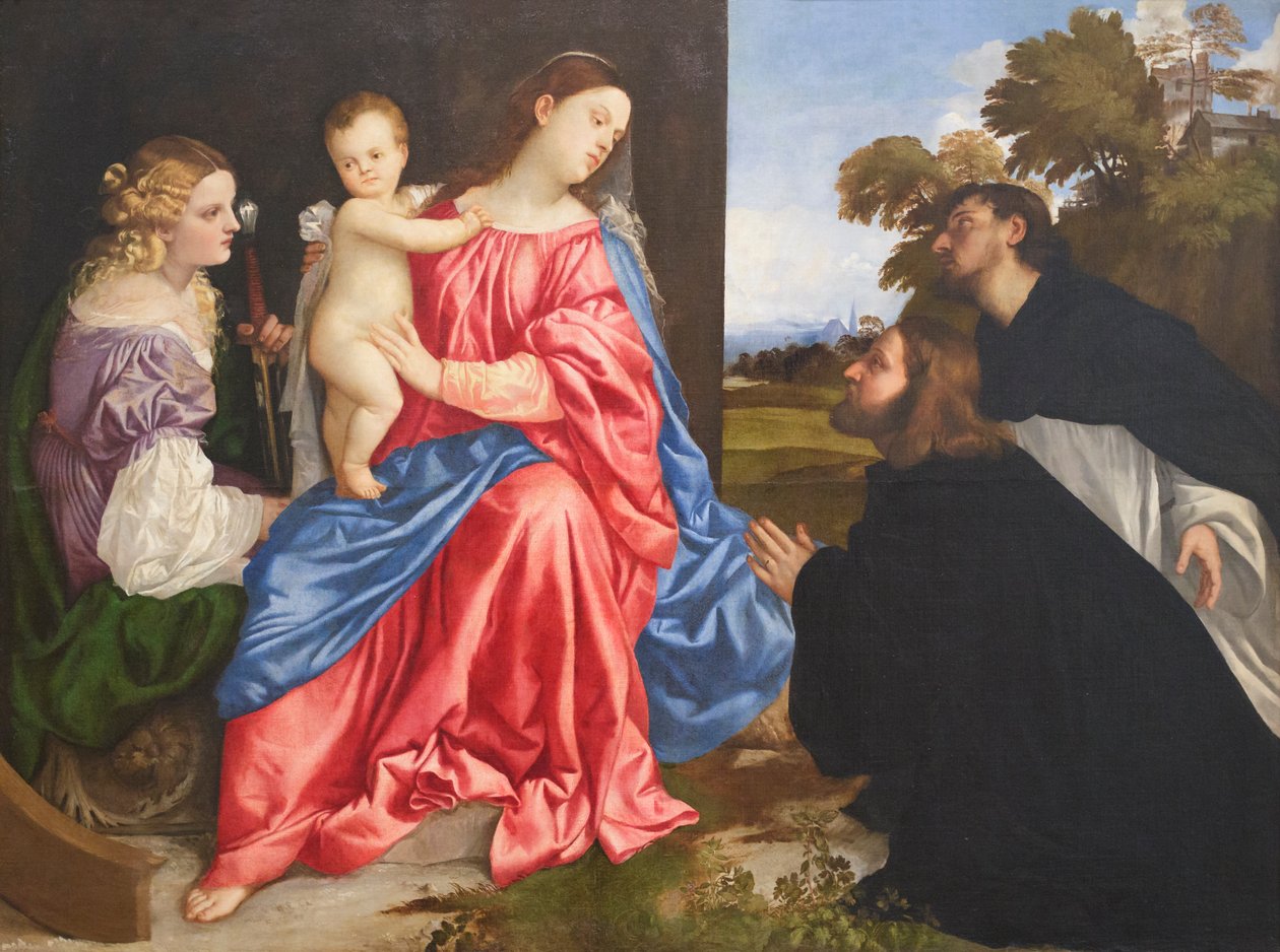 Hellig samtale med de hellige Catherine og Dominic og donoren, ca. 1533 (olie på lærred) af Titian (c.1488 1576)