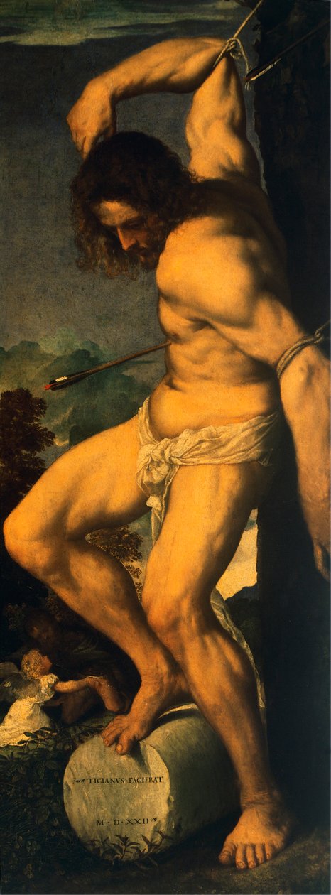San Sebastian, detalje fra Averoldi polyptykon, af Titian (ca 1490-1576), olie på lærred af Titian (c.1488 1576)