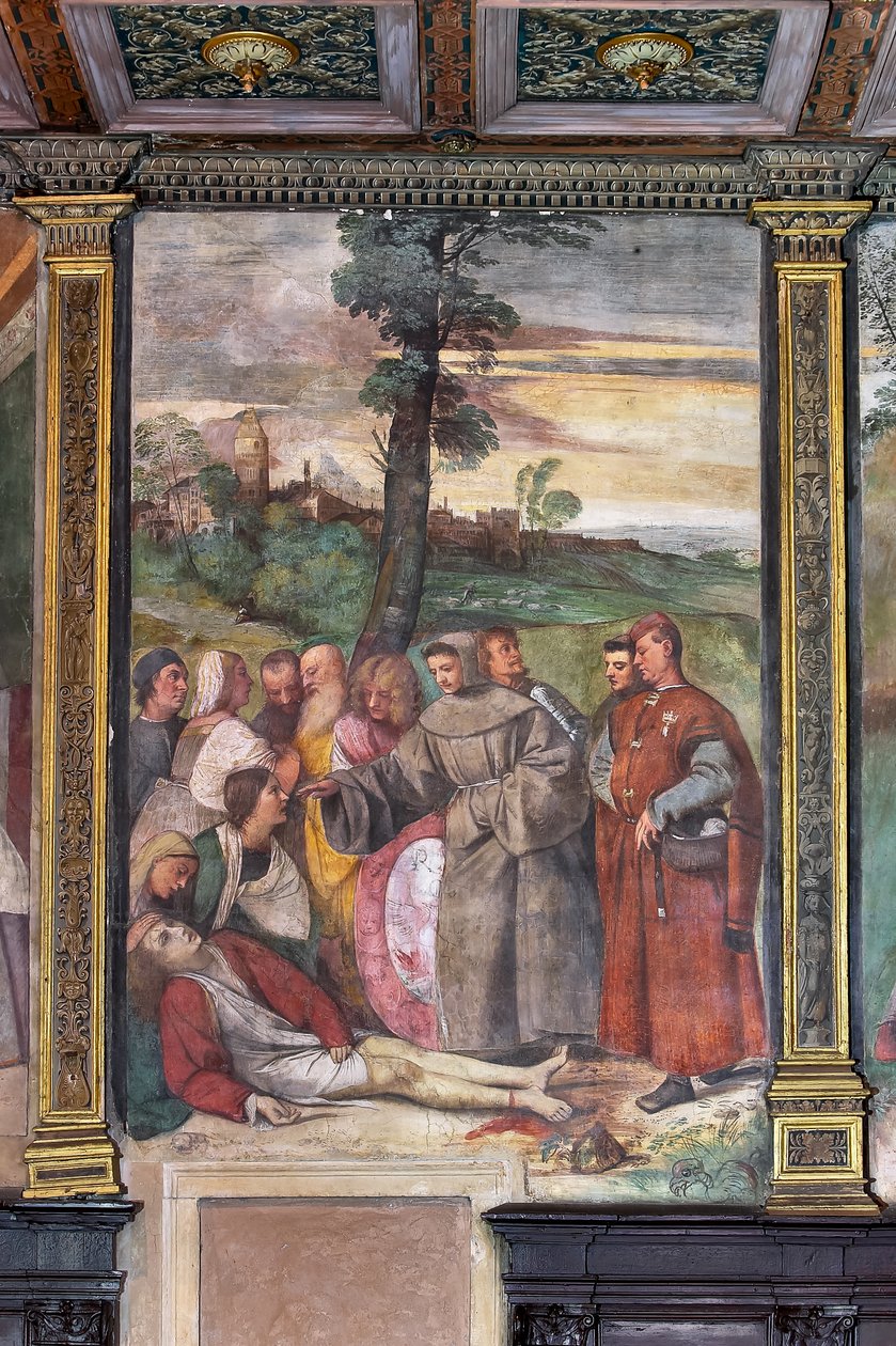 Sankt Anthony sætter foden fast på en ung mand, School of the Saint (fresco) af Titian (c.1488 1576)