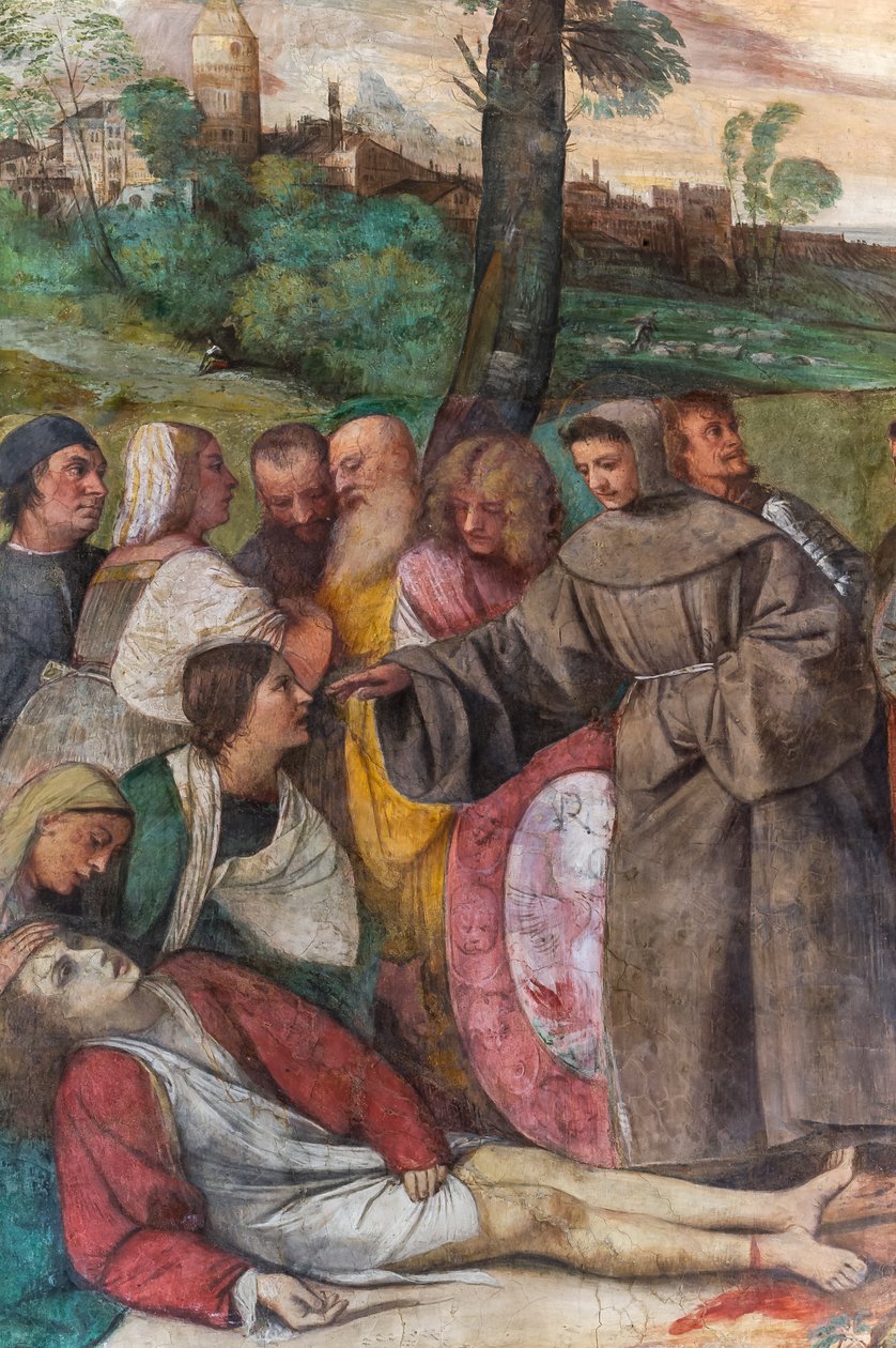 St. Anthony sætter foden fast på en ung mand, School of the Saint, detalje fra 2197268 (fresco) af Titian (c.1488 1576)