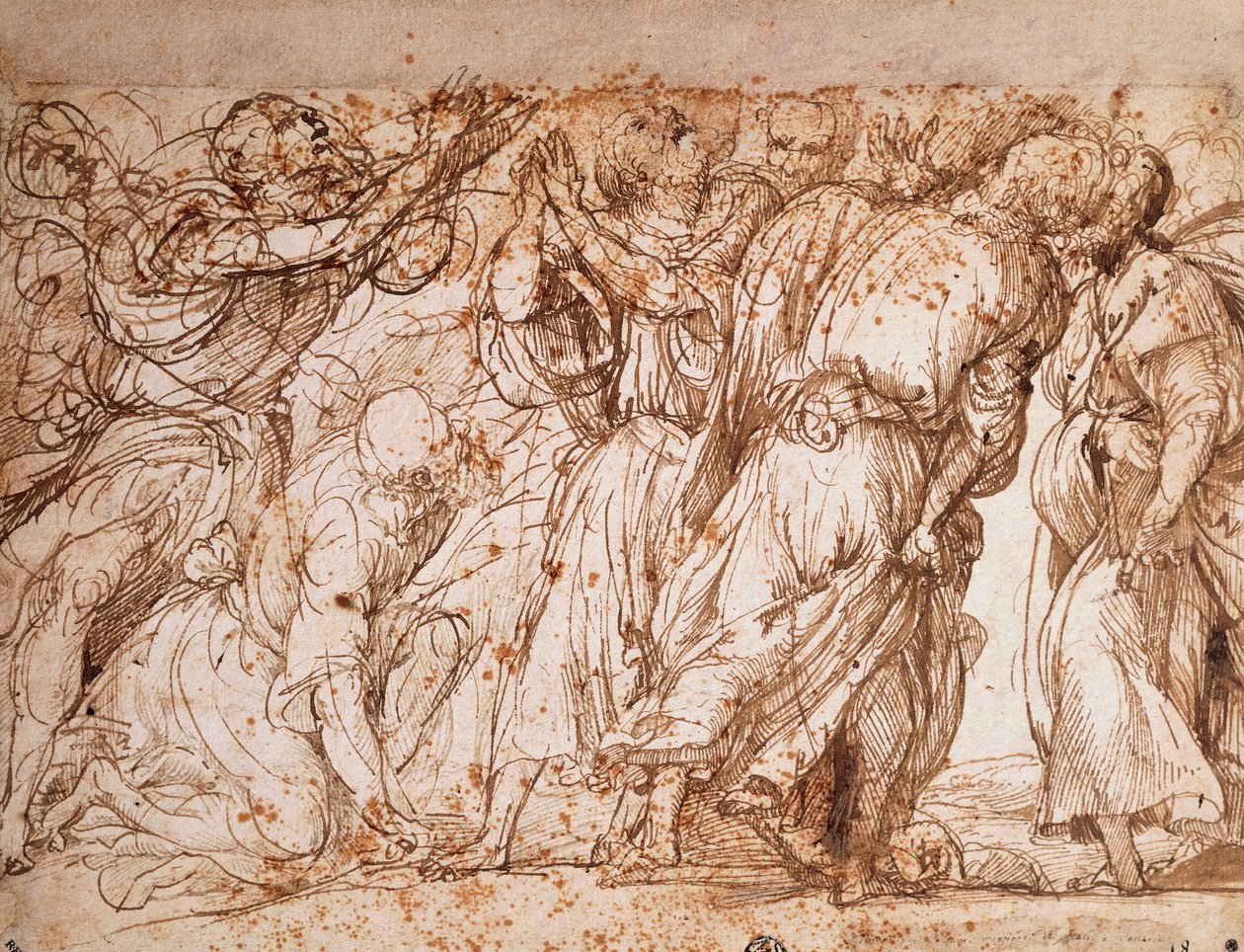 Studie af gruppen af apostle i Frari-kirken i Venedig, Tiziano Vecellio (ca 1490-1576), pen- og blæktegning af Titian (c.1488 1576)