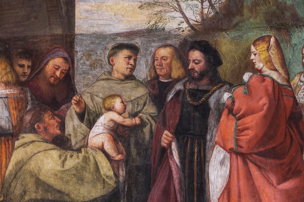 Babyen, der proklamerer Moderens uskyld, den nordlige mur, Helgenskolen, detalje fra 2195188 og 2195385 af Titian (c.1488 1576)