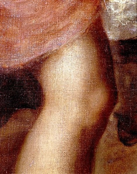 The Death of Actaeon, detalje af Dianas knæ, ca. 1565 (olie på lærred) (detaljer fra 28850) af Titian (c.1488 1576)