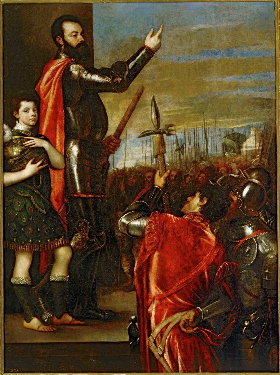 Markisen af Vasto taler til sine soldater ... (maleri på lærred) af Titian (c.1488 1576)