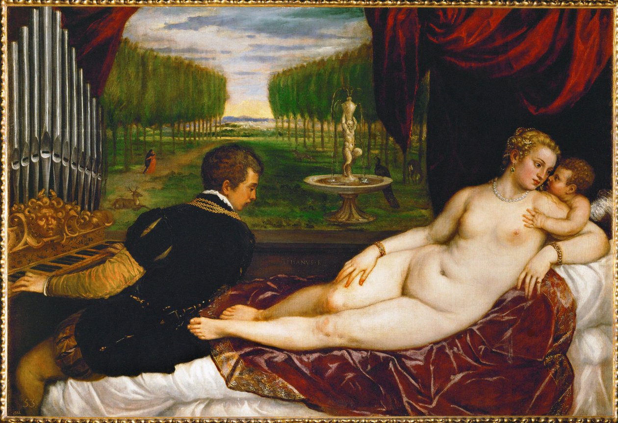 Venus, Amor og en organist ... (maleri på lærred) af Titian (c.1488 1576)