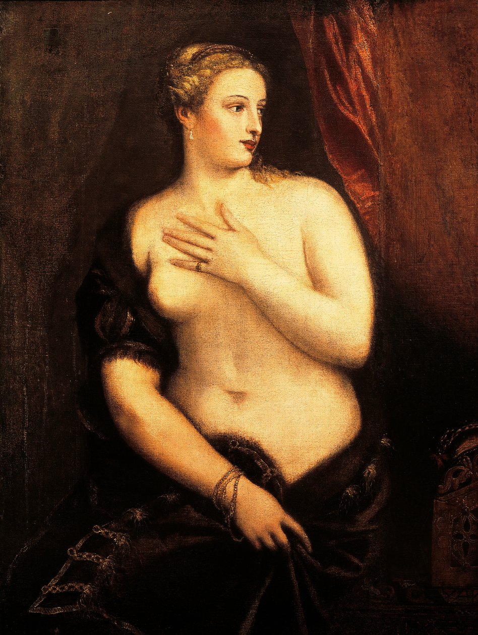 Venus med spejl af Titian (ca 1490-1576), olie på lærred af Titian (c.1488 1576)
