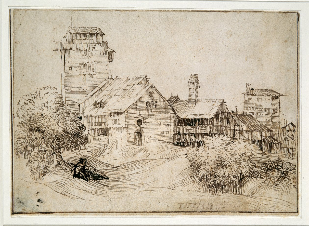 Bjerglandsby og elskende omfavner hinanden (pen og blæk på papir) af Titian (c.1488 1576) (after)