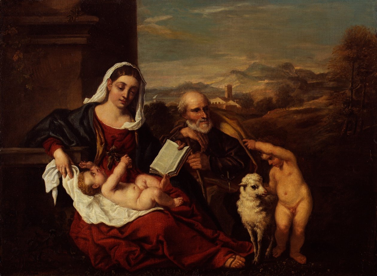 Den hellige familie med spædbarnet Johannes Døberen (olie på lærred) af Titian (c.1488 1576) (after)