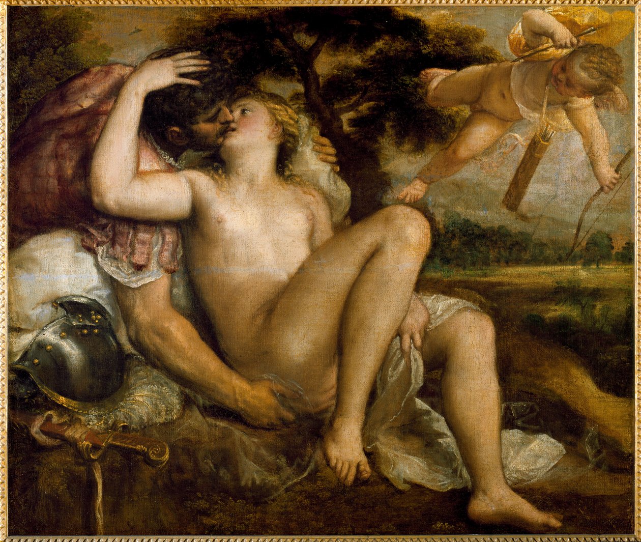 Venus, Mars og Amour (olie på lærred af Titian (c.1488 1576) (workshop)