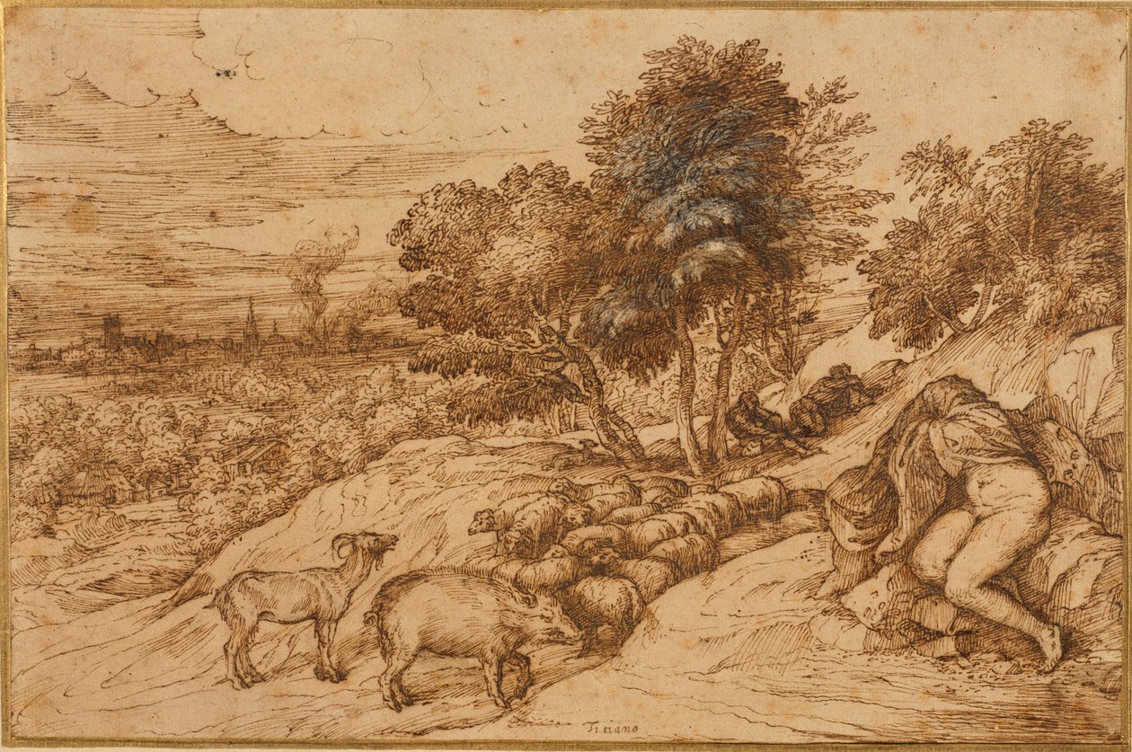Et træagtigt landskab med en nøgen kvinde, hendes hoved skjult af en kappe (pen og brunt blæk på flødepapir) af Titian (c.1488 1576)