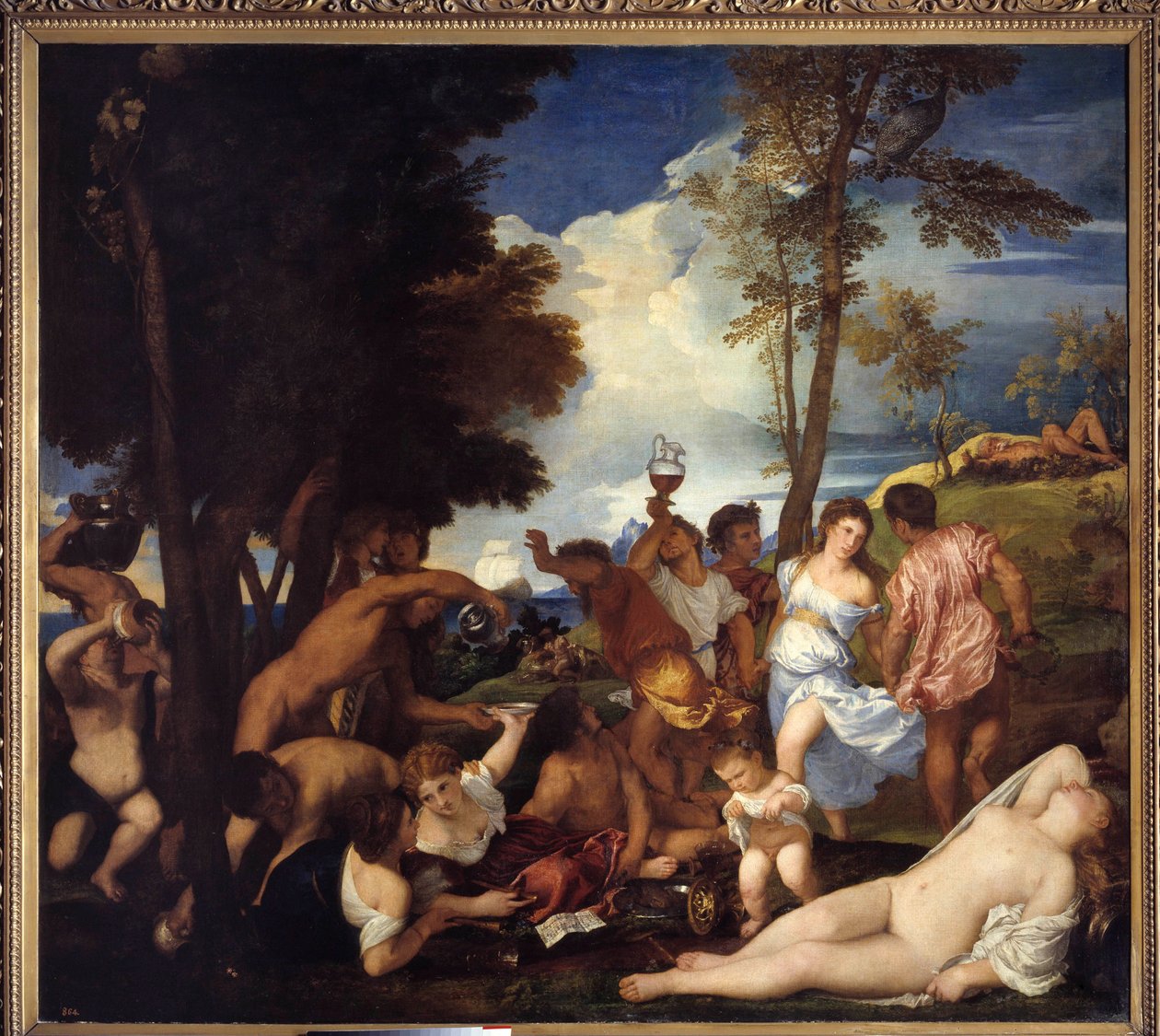 Ankomst af Bacchus på øen Andros (Bacchanal of the Andrii). Ankomst fra Bacchus på Andros Island. Billede, der forestiller festen af ​​satirer og bacchanter til ære for den guddommelige Bacchus (Baccanal). Maleri af Tiziano Vecellio kaldet Tizianen (1485-1 af Tiziano Vecelli