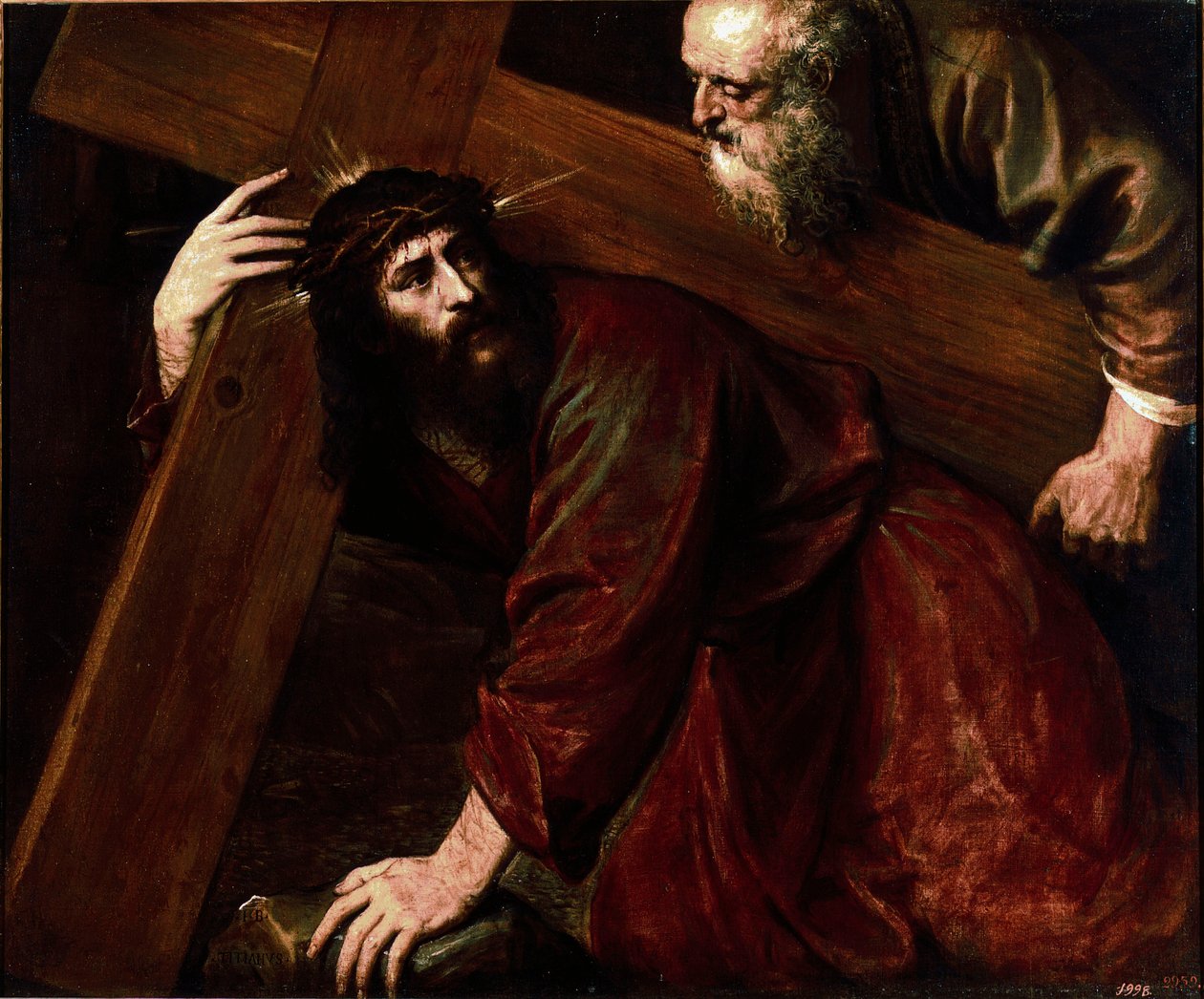Kristus og Simon den kyrenæer Simon fra Kyrene (kyrenæeren) hjælper Jesus med at bære sit kors. Maleri af Tiziano Vecellio kaldet Tizianen (1485-1576) af Tiziano Vecelli