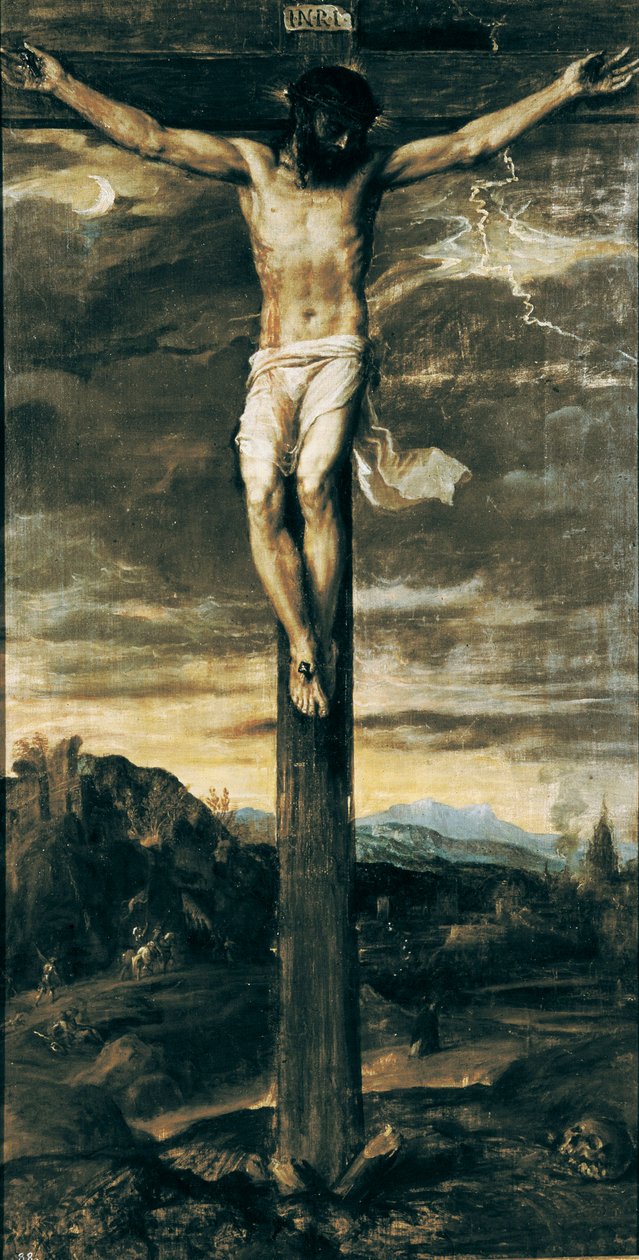 "Korsfæstet Kristus". Indskriften ""INRI"" på korset af Titian (c.1488 1576)