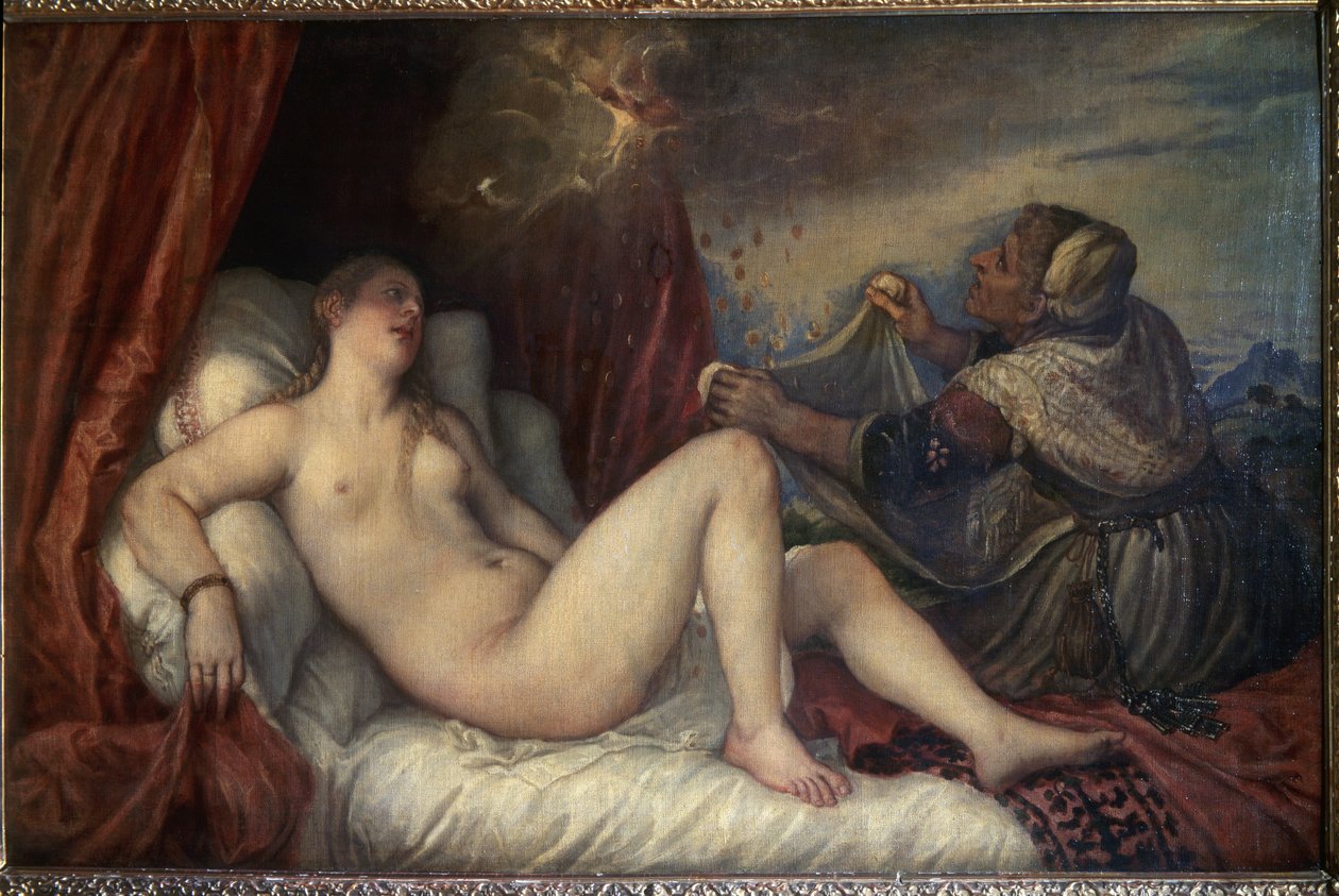 Danae. Græsk mytologi: Zeus præsenterer sig for Danae i form af en byge af guldmønter for at forføre hende. Maleri af (iziano Vecellio dit Le Titian (Vecelli eller Tiziano da Cador af Tiziano Vecelli