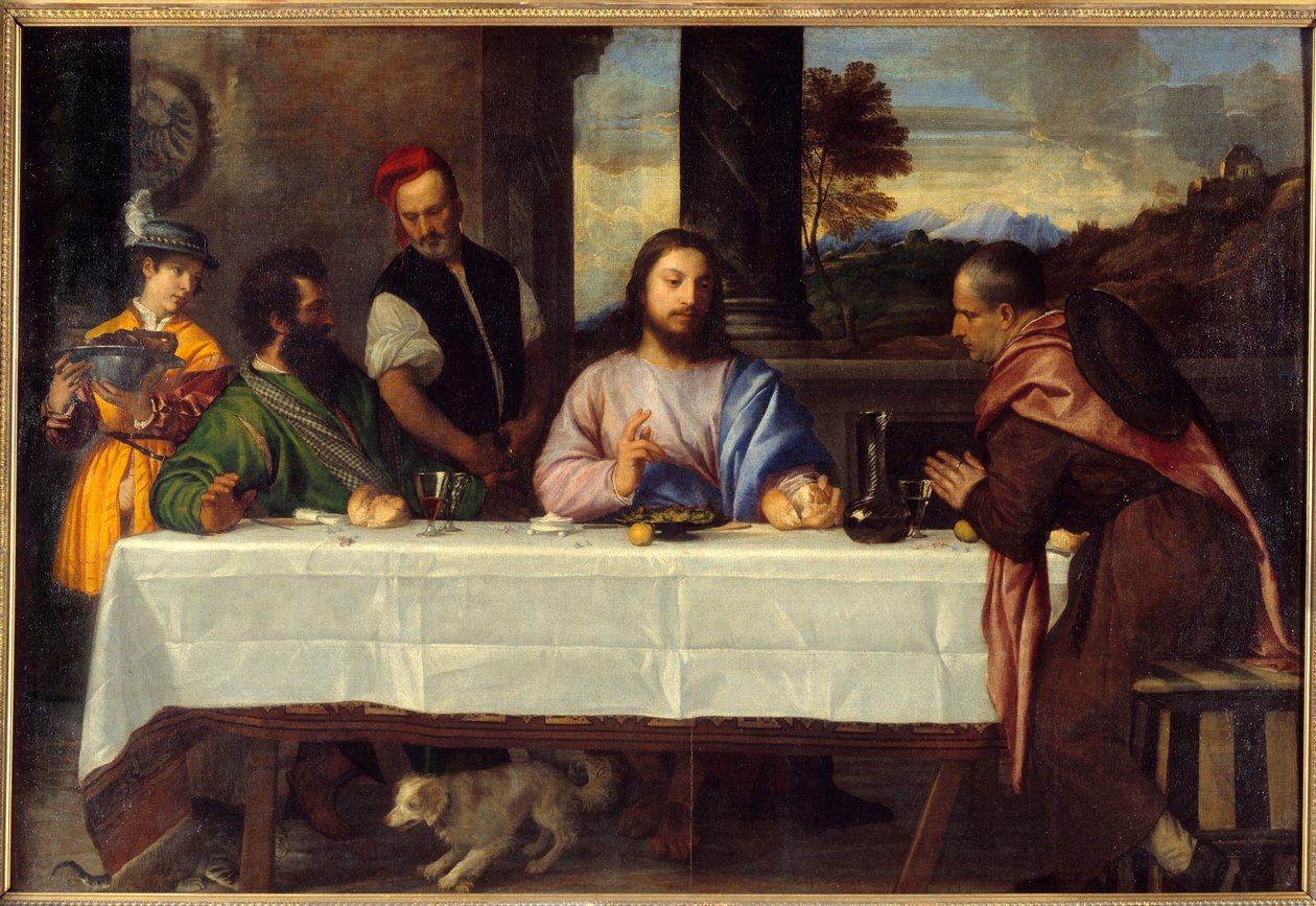 Middag på Emmaus Mød Jesus med pelerins. Maleri af Tiziano Vecellio dit le Titian (1485-1576) 1500-tallet søn. 1,69x2,44 m af Titian (c.1488 1576)