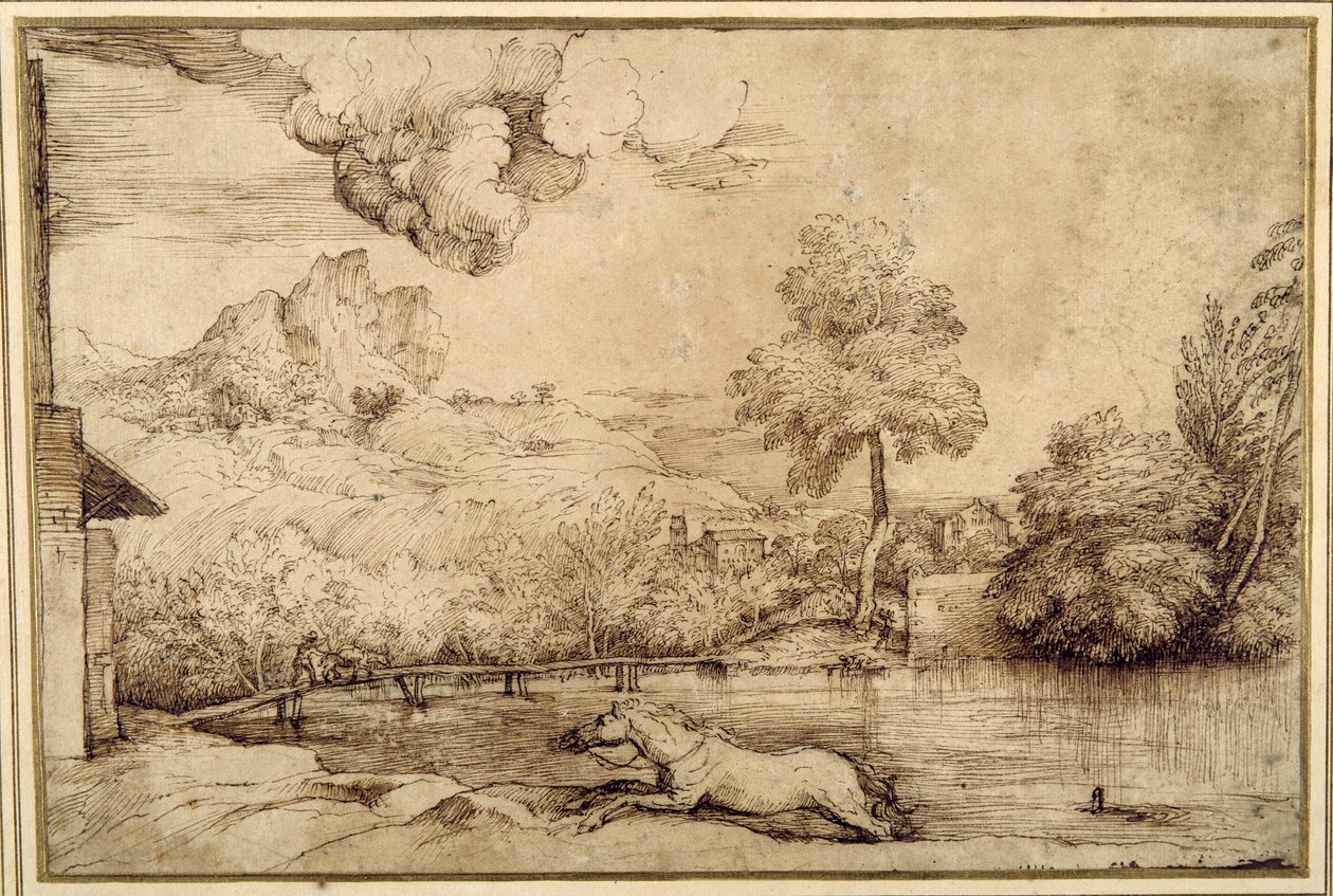 Landskab: en rytterløs hest forfulgt af en slange (pen og brunt blæk på cremefarvet papir) af Titian (c.1488 1576)