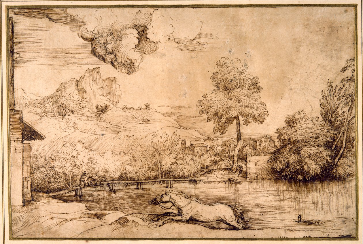 Landskab: en rytterløs hest forfulgt af en slange (pen og brunt blæk på cremepapir) af Titian (c.1488 1576)